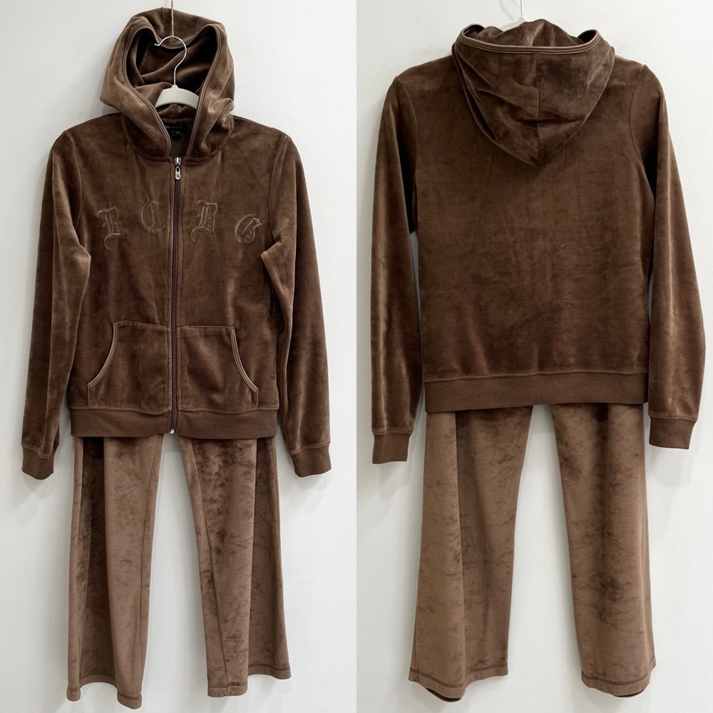 Y2K Vintage BCBG Brown Velour Lounge Wide Leg Tracksuit Pants Full Zip Hoodie